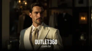 Um homem de terno branco e gravata está em um ambiente interno com uma expressão concentrada. O texto "OUTLET360.com.br" é exibido na parte inferior da imagem.