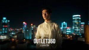 Um homem de camisa branca segura dois copos, em pé em um telhado à noite, com o horizonte da cidade ao fundo; o texto "OUTLET360.com.br" é exibido.