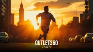 Um homem corre em uma rua da cidade ao pôr do sol com carros próximos; o texto "OUTLET360.com.br" aparece na parte inferior.