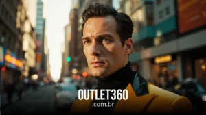 Um homem com uma jaqueta amarela em uma rua da cidade durante o dia; o texto "OUTLET360.com.br" aparece na parte inferior.