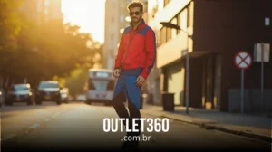 Um homem vestindo um agasalho vermelho e azul está em uma rua da cidade ao pôr do sol, com carros e um ônibus ao fundo. O texto "OUTLET360.com.br" está na parte inferior da imagem.