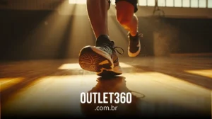 Close-up de uma pessoa correndo em uma quadra de basquete iluminada pelo sol, com o texto "OUTLET360 .com.br" sobreposto na parte inferior.
