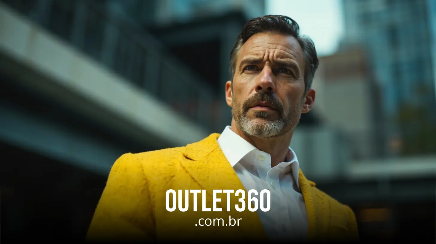 Um homem com cabelos grisalhos e barba usa uma jaqueta amarela e camisa branca ao ar livre, com prédios borrados ao fundo. O texto diz "OUTLET360.com.br" na parte inferior.