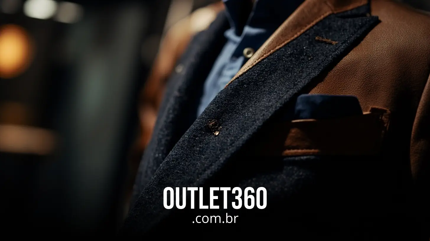 Close-up de um homem vestindo uma camisa azul, um blazer escuro texturizado e uma jaqueta de couro marrom. O texto na parte inferior diz "OUTLET360.com.br".