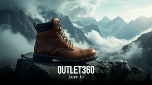 Uma bota de caminhada de couro marrom em uma superfície rochosa com montanhas enevoadas ao fundo; o texto diz "OUTLET360.com.br".