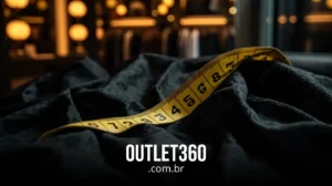 Uma fita métrica amarela está sobre um tecido preto com luzes desfocadas ao fundo; "OUTLET360.com.br" é exibido na parte inferior.