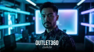 Um homem em pé em uma sala moderna, iluminada por neon, com telas de computador ao fundo. O texto "OUTLET360.com.br" é exibido na parte inferior.