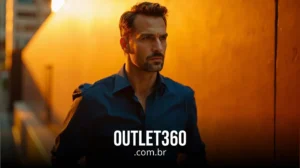 Um homem de camisa azul está próximo a uma parede laranja, olhando para frente. O texto "OUTLET360.com.br" é exibido na parte inferior.