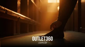 Pessoa calçando sapatos em um corredor pouco iluminado com a luz do sol entrando; o texto "OUTLET360.com.br" está sobreposto na parte inferior.
