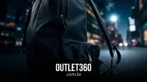 Close-up de uma mochila preta com zíperes, contra uma paisagem urbana borrada à noite; o texto "OUTLET360.com.br" é exibido na parte inferior.