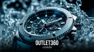 Close-up de um relógio de pulso cronógrafo prateado cercado por respingos de água, com o texto "OUTLET360.com.br" na parte inferior.