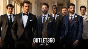 Um grupo de homens em ternos formais juntos ao ar livre, alguns usando gravatas-borboleta, com o texto "OUTLET360 .com.br" sobreposto na parte inferior.