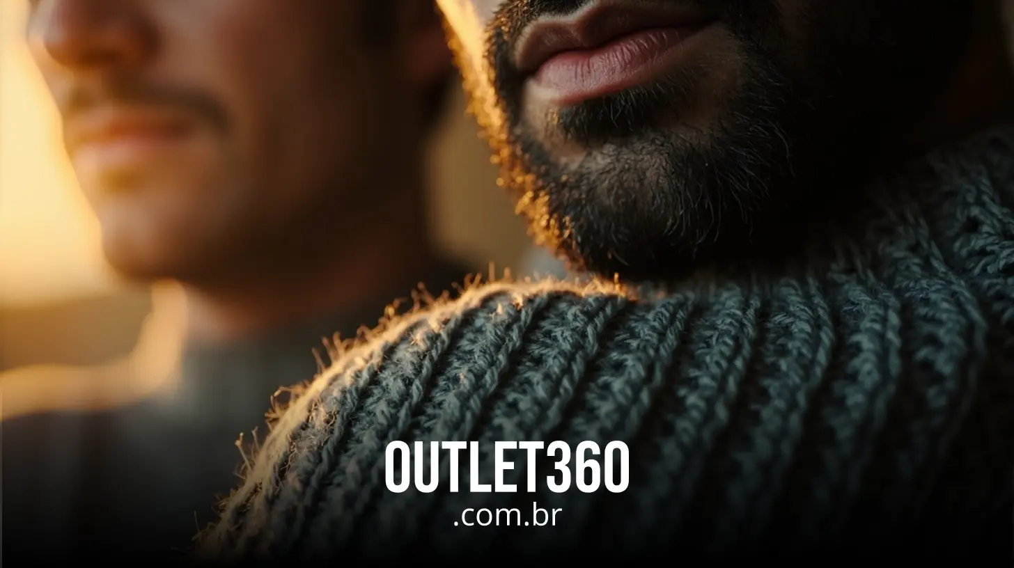 Close-up de dois homens, um deles com barba e vestindo um suéter texturizado, com o texto "OUTLET360.com.br" na parte inferior.