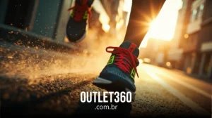 Close-up de uma pessoa correndo em uma rua iluminada pelo sol, usando tênis esportivos com cadarços vermelhos; "OUTLET360.com.br" aparece na parte inferior.