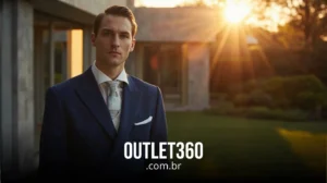Um homem de terno está do lado de fora de um edifício moderno ao pôr do sol, com o texto "OUTLET360.com.br" sobreposto na parte inferior.